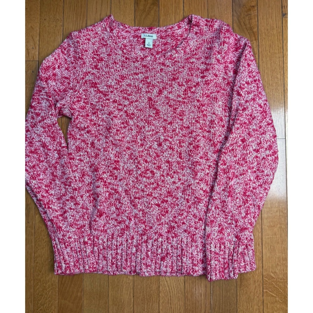 LL Bean Womens Small Red White Marled 100% Cotton Crewneck Sweater 503411